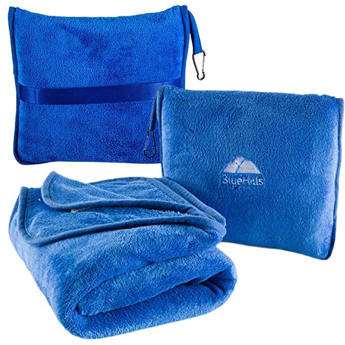 PREMIUM SOFT TRAVEL BLANKET PILLOW AIRPLANE BLANKET PACKED IN SOFT BAG PILLOWCASE WITH HAND LUGGAGE BELT AND BACKPACK CLIP COMPACT PACK LARGE PLUSH FOR ANY TRAVEL ROYAL BLUE T003