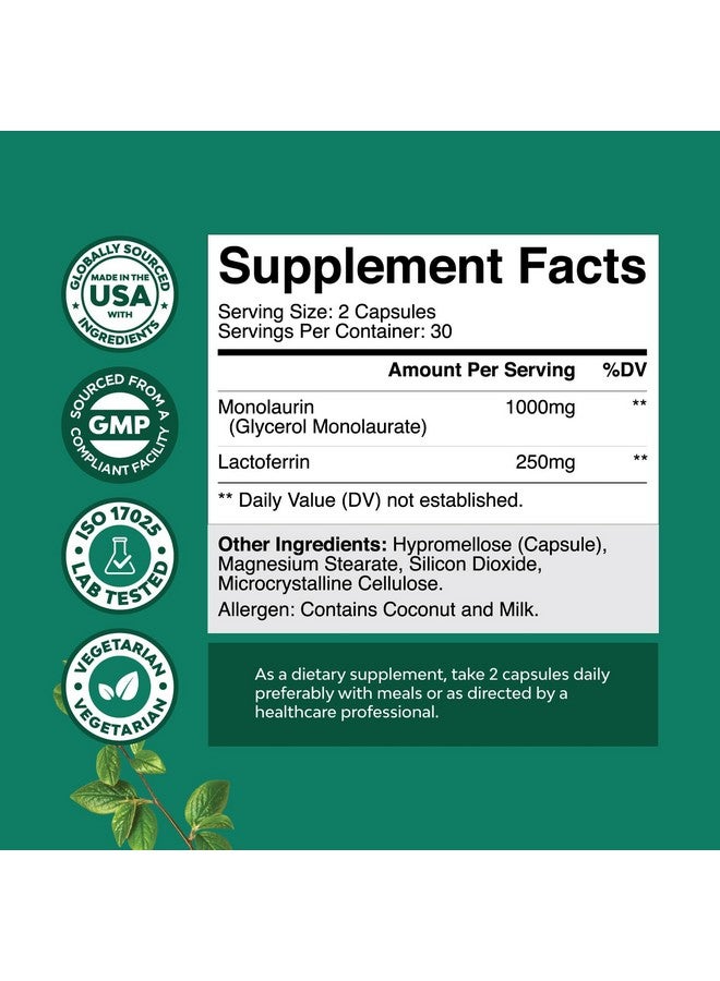 Natures Craft مكمل لاكتوفيرين و مونولاورين عالي القوة من ناتشرز كرافت - مكمل دعم صحة الجهاز الهضمي والميكروبيوم - 250 ملغ لاكتوفيرين و 1000 ملغ مونولاورين في كبسولات - نباتي (30 حصة) - Image 2