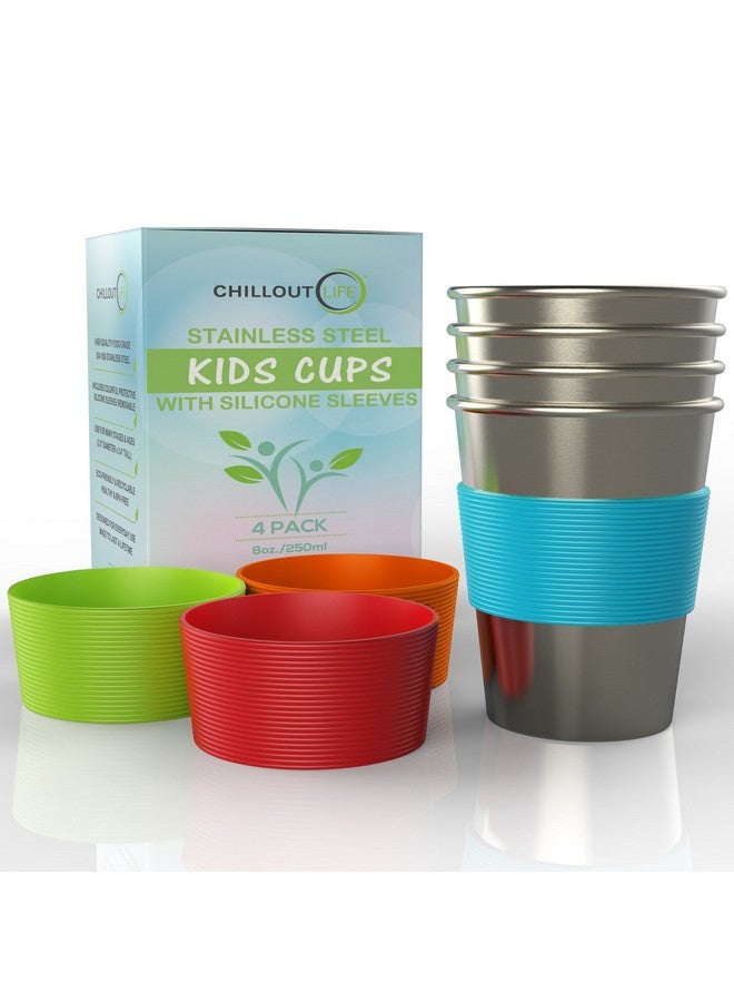 CHILLOUT LIFE Stainless Steel Cups for Kids and Toddlers 8 oz. with Silicone Sleeves - Small Metal Cups for Home & Outdoor Activities, BPA Free Healthy Unbreakable Premium Metal Drinking Glasses (4-Pack) - Image 1