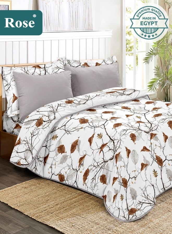 Rose Floral Comforter Set, High Quality Microfiber, 6 Pieces, Fits 200x200 cm Double Size Bed, Soft Cooling Breathable, Stylish Printed Elegance, King Size Comforter, Brown Leafs - Image 1