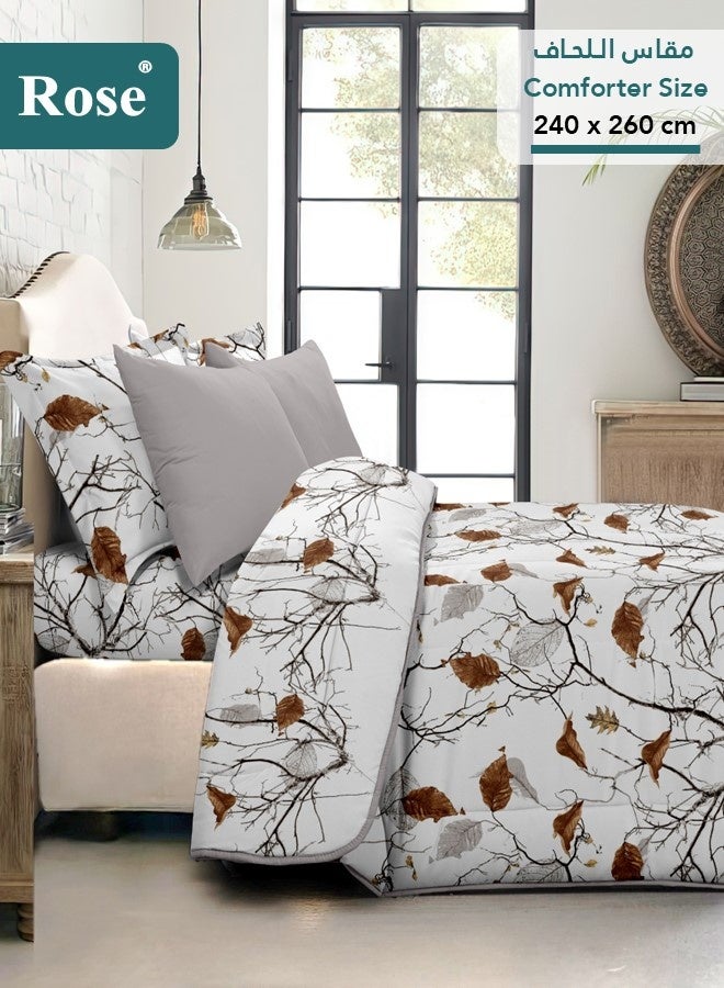 Rose Floral Comforter Set, High Quality Microfiber, 6 Pieces, Fits 200x200 cm Double Size Bed, Soft Cooling Breathable, Stylish Printed Elegance, King Size Comforter, Brown Leafs - Image 3