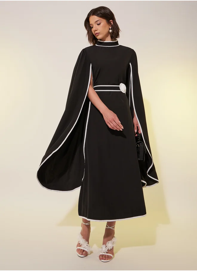Styli Solid Contrasted Trim Midi Dress with Flower Detail