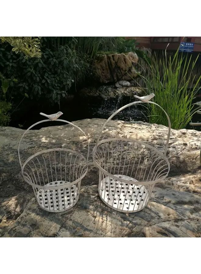 White Vintage Metal Wire Basket Planter Set Of 2 Rustic Farmhouse Hanging Flower Holder With Bird Handle For Garden Patio Home Decor - Image 5