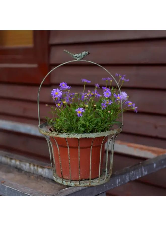 White Vintage Metal Wire Basket Planter Set Of 2 Rustic Farmhouse Hanging Flower Holder With Bird Handle For Garden Patio Home Decor - Image 4