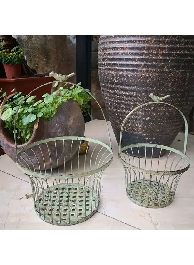 White Vintage Metal Wire Basket Planter Set Of 2 Rustic Farmhouse Hanging Flower Holder With Bird Handle For Garden Patio Home Decor - Image 1