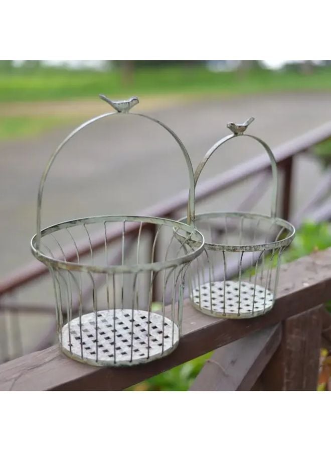 White Vintage Metal Wire Basket Planter Set Of 2 Rustic Farmhouse Hanging Flower Holder With Bird Handle For Garden Patio Home Decor - Image 3