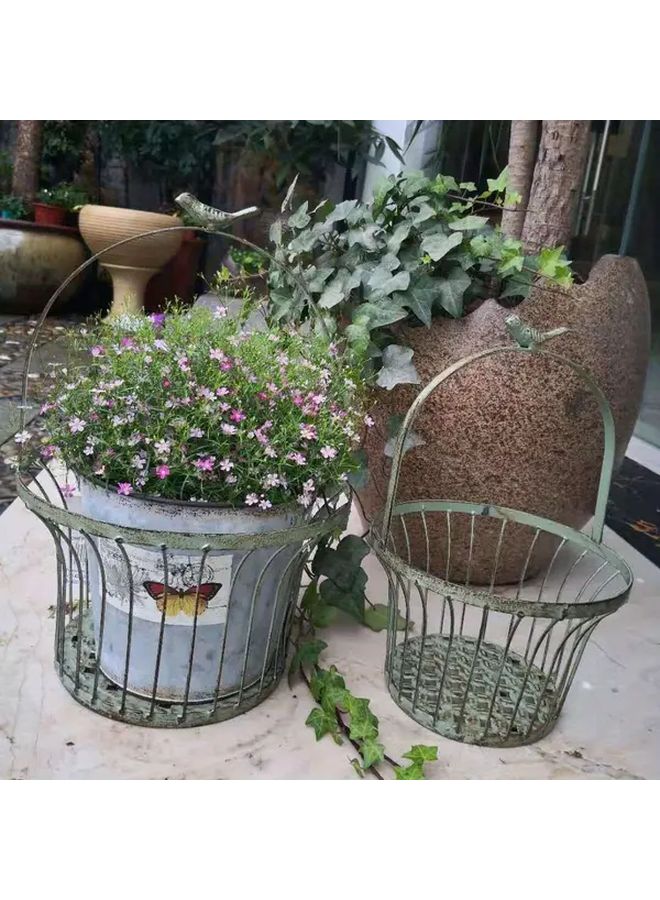 White Vintage Metal Wire Basket Planter Set Of 2 Rustic Farmhouse Hanging Flower Holder With Bird Handle For Garden Patio Home Decor - Image 2