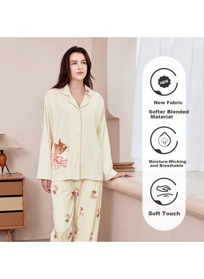 MEIBIAO American Standard Autumn Winter New Women's Knit Cotton Long Sleeve Loose Plus Size Pajamas Homewear Light Beige M - Image 2