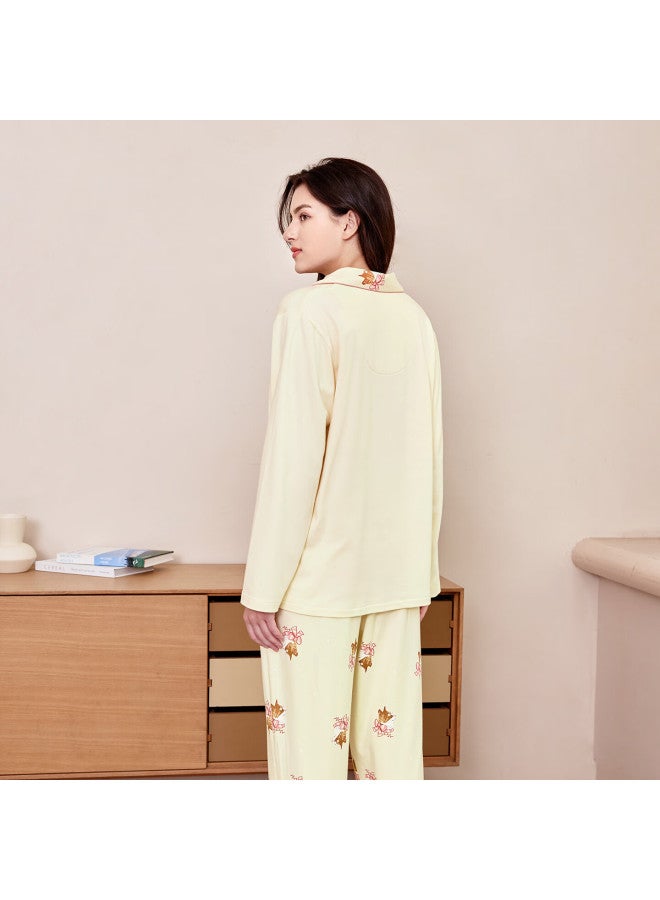 MEIBIAO American Standard Autumn Winter New Women's Knit Cotton Long Sleeve Loose Plus Size Pajamas Homewear Light Beige M - Image 4