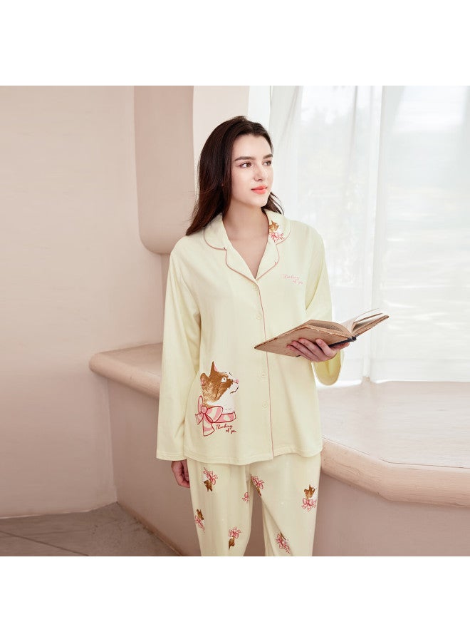 MEIBIAO American Standard Autumn Winter New Women's Knit Cotton Long Sleeve Loose Plus Size Pajamas Homewear Light Beige M - Image 3