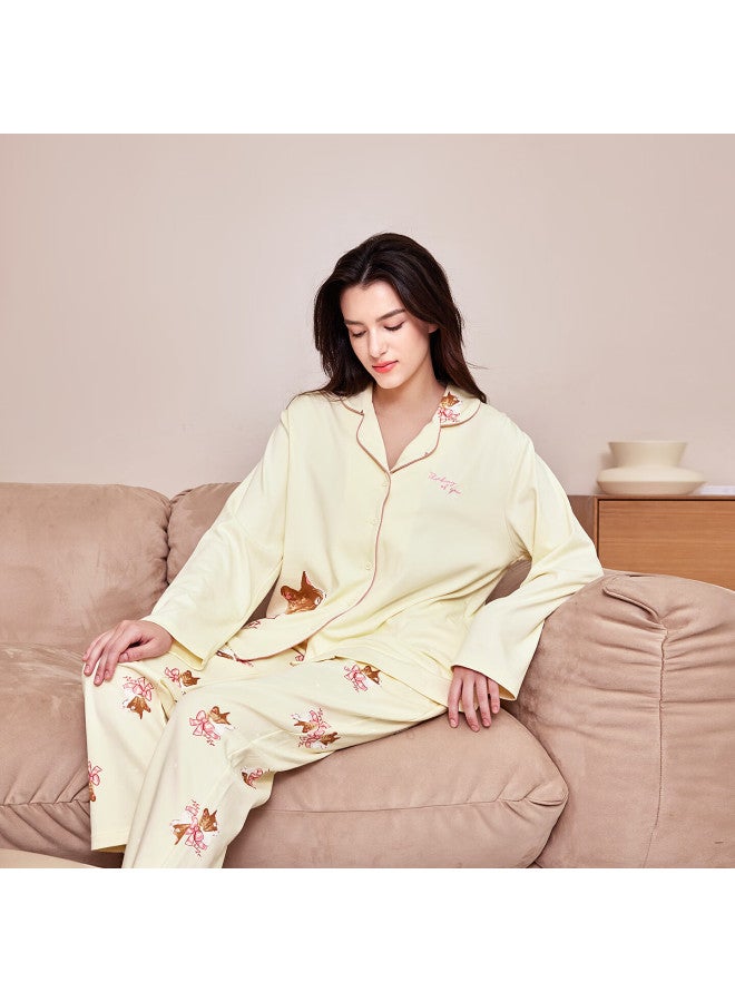 MEIBIAO American Standard Autumn Winter New Women's Knit Cotton Long Sleeve Loose Plus Size Pajamas Homewear Light Beige M - Image 1