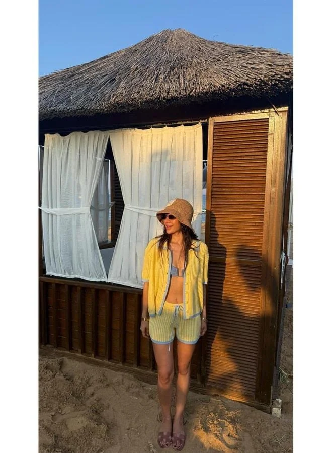 GAUS Yellow ZR Model Knit Polo Collar Shirt and Shorts Two-Piece Set PLJ GAUS-01495 GAUS-01489.
