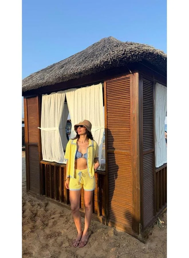 GAUS Yellow ZR Model Knit Polo Collar Shirt and Shorts Two-Piece Set PLJ GAUS-01495 GAUS-01489.