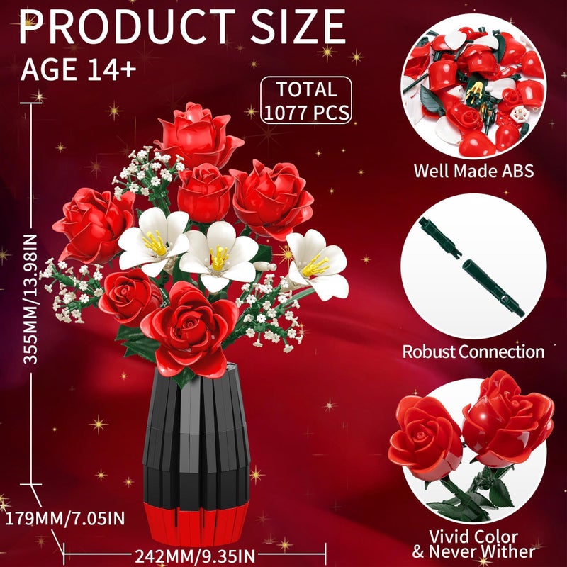 Qinline Rose Flowers Bouquet Building Set with Vase Included, 1077 PCS Artificial Flowers Botanical Collection Kit for Adults Women Men & Teen Girl, Gifts for Birthday Mom Her Wife Girlfriend - Image 5