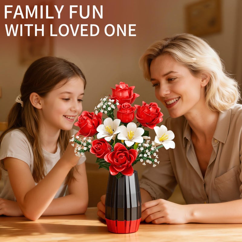 Qinline Rose Flowers Bouquet Building Set with Vase Included, 1077 PCS Artificial Flowers Botanical Collection Kit for Adults Women Men & Teen Girl, Gifts for Birthday Mom Her Wife Girlfriend - Image 2