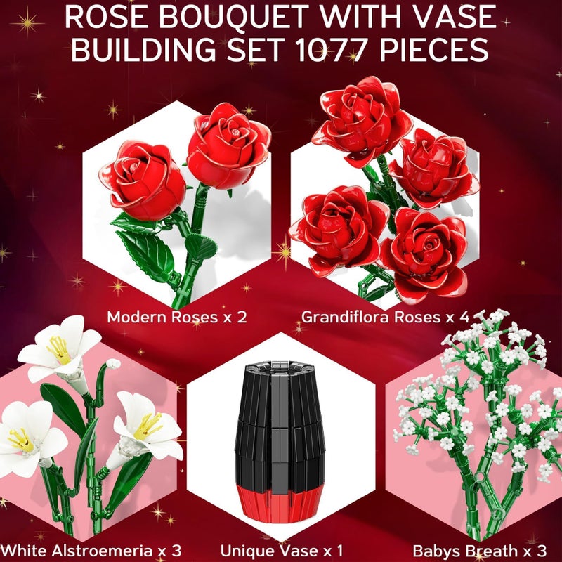 Qinline Rose Flowers Bouquet Building Set with Vase Included, 1077 PCS Artificial Flowers Botanical Collection Kit for Adults Women Men & Teen Girl, Gifts for Birthday Mom Her Wife Girlfriend - Image 3