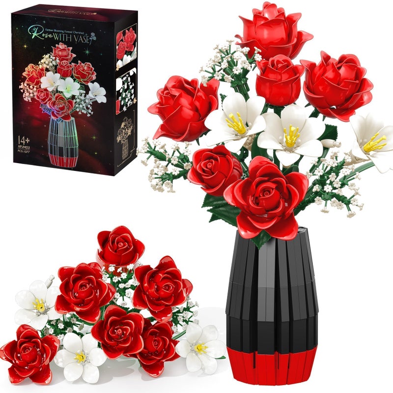 Qinline Rose Flowers Bouquet Building Set with Vase Included, 1077 PCS Artificial Flowers Botanical Collection Kit for Adults Women Men & Teen Girl, Gifts for Birthday Mom Her Wife Girlfriend - Image 1