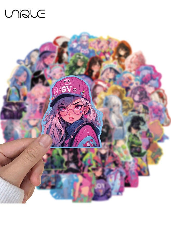 يونيك 50 قطع الكرتون ملصقات فتاة ملونة ، ملصقات الفينيل للماء لزجاجات المياه الهاتف المحمول الكمبيوتر الغيتار ، هدايا للشباب والفتيات والمشجعين - Image 3