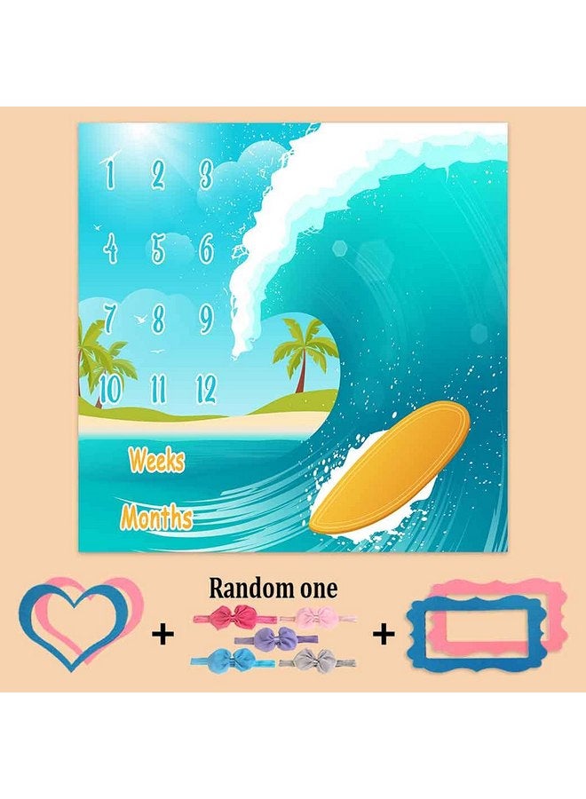 PHMOJEN PHMOJEN Baby Monthly Milestone Blanket, Sea Surfboard Waves, Newborns 1 to 12 Months Unisex Include 4 Frames and 1 Headband 47"x47"BTLSPH495  - Image 2