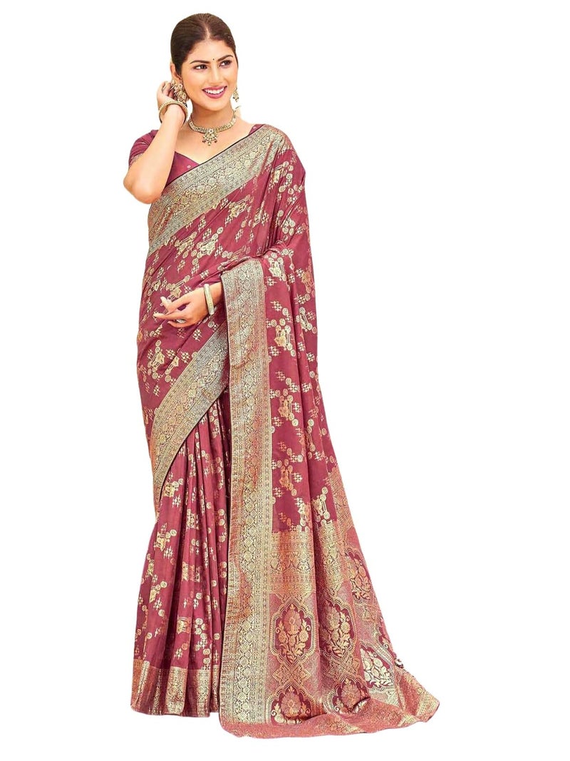 Satrani Women's Silk Weaving Banarasi Saree with Unstitched Blouse Piece (4774S121N_Dusty Mauve) - Image 1