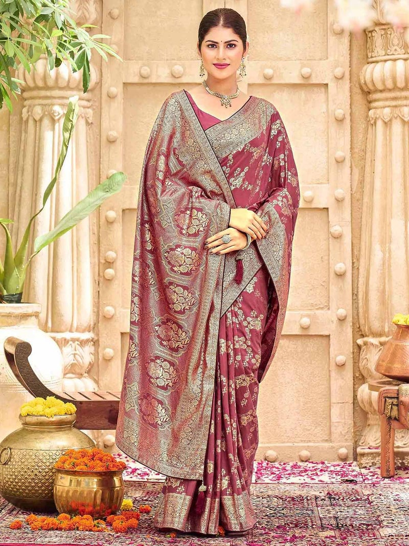 Satrani Women's Silk Weaving Banarasi Saree with Unstitched Blouse Piece (4774S121N_Dusty Mauve) - Image 4