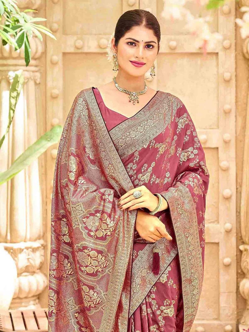 Satrani Women's Silk Weaving Banarasi Saree with Unstitched Blouse Piece (4774S121N_Dusty Mauve) - Image 5