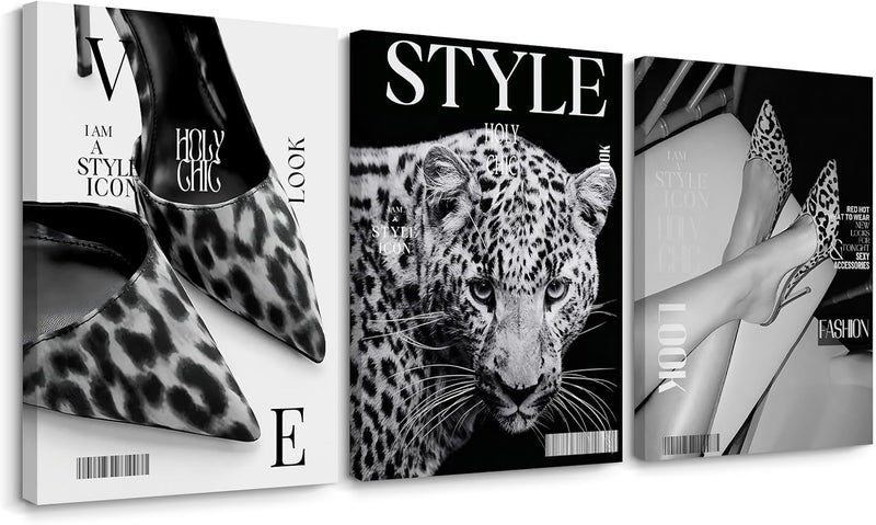 Youillne Black Leopard Wall Art Y2k Cheetah Canvas Wall Decor Fashion Trendy Posters Vintage Aesthetic Pictures Luxury Heels Painting Stockholm Prints for Bedroom Living Room 12x16 Inch Wrapped Canvas Set of 3 - Image 1