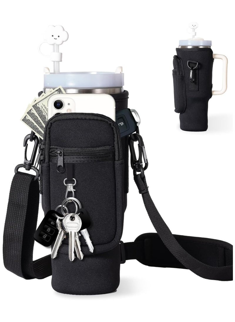 Starwell - Water Bottle Carrier Bag with Phone Pocket for Stanley Cup 40 oz, Water Bottle Holder with Adjustable Strap& Straw Cover, Stanley Cup Accessories Fit Hiking Cycling Running Gym Yoga, Black (include Straw Cover Cap) - Image 1