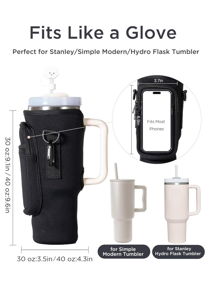Starwell - Water Bottle Carrier Bag with Phone Pocket for Stanley Cup 40 oz, Water Bottle Holder with Adjustable Strap& Straw Cover, Stanley Cup Accessories Fit Hiking Cycling Running Gym Yoga, Black (include Straw Cover Cap) - Image 1