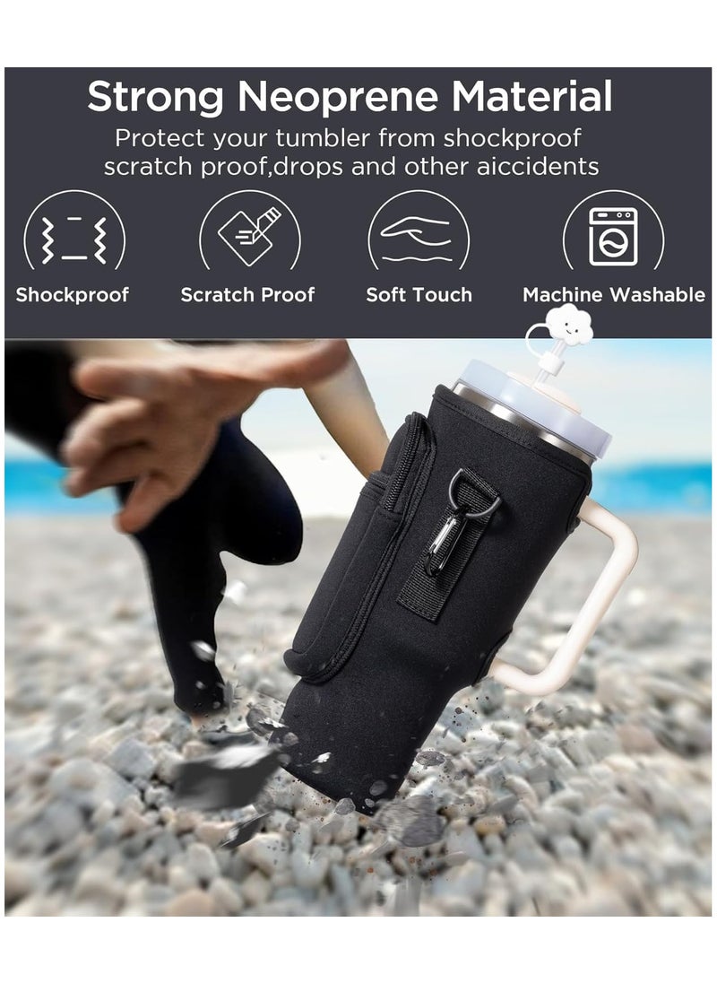 Starwell - Water Bottle Carrier Bag with Phone Pocket for Stanley Cup 40 oz, Water Bottle Holder with Adjustable Strap& Straw Cover, Stanley Cup Accessories Fit Hiking Cycling Running Gym Yoga, Black (include Straw Cover Cap) - Image 1