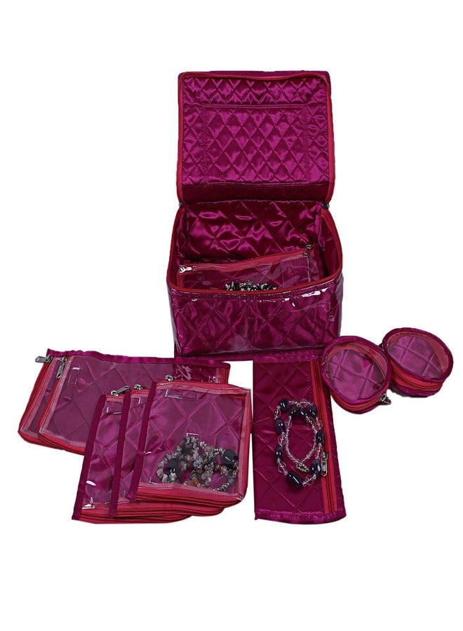 Ansari Handcraft Vanity Box for Keeping Jewellery with 11 Zipped Pouches Pink - Image 2