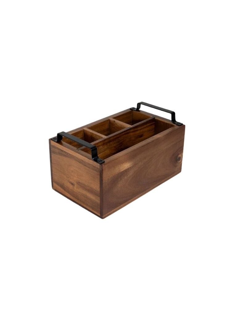 أكاسيا صندوق منظم خشبي من أكاسيا بمقابض معدنية سوداء - Image 1