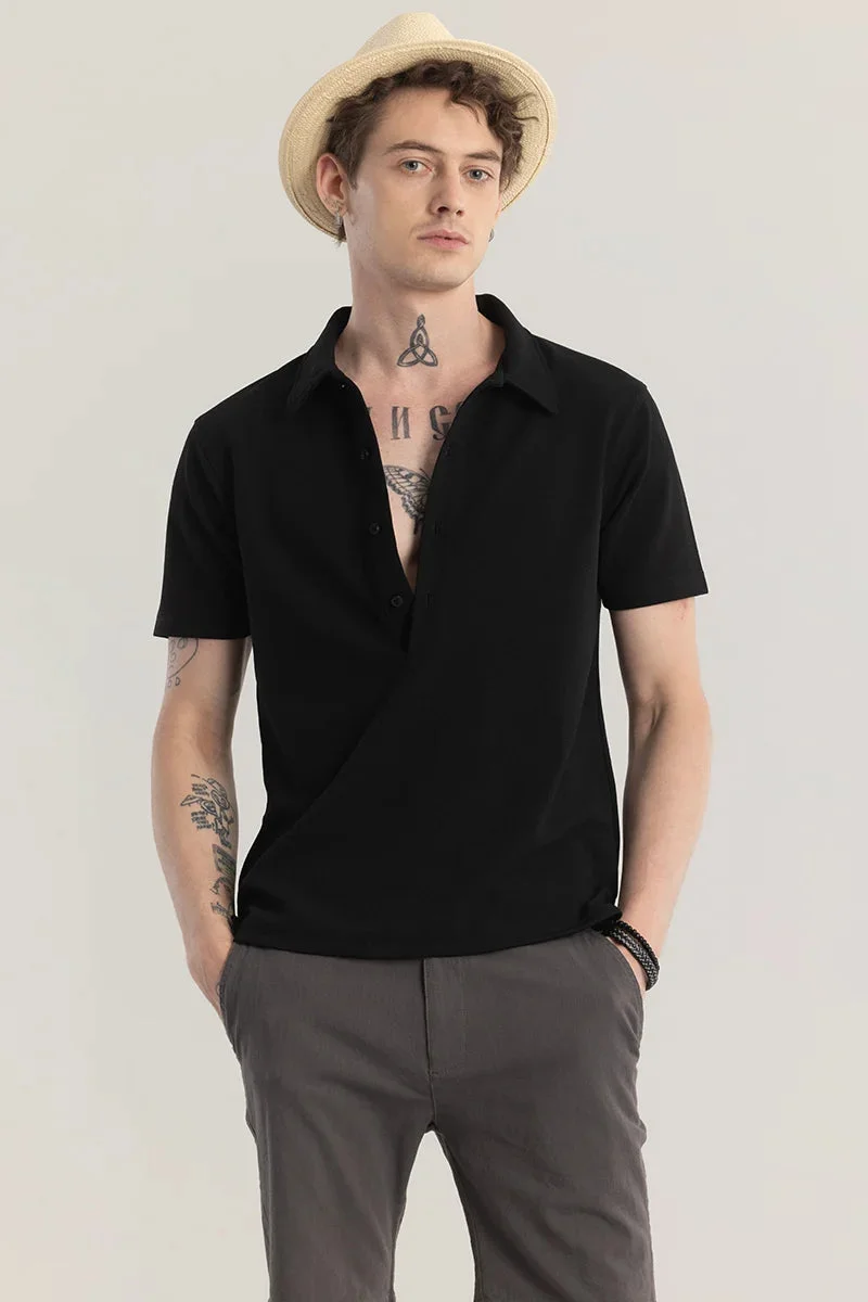 SNITCH Poloshique Black Plain Polo T-Shirt