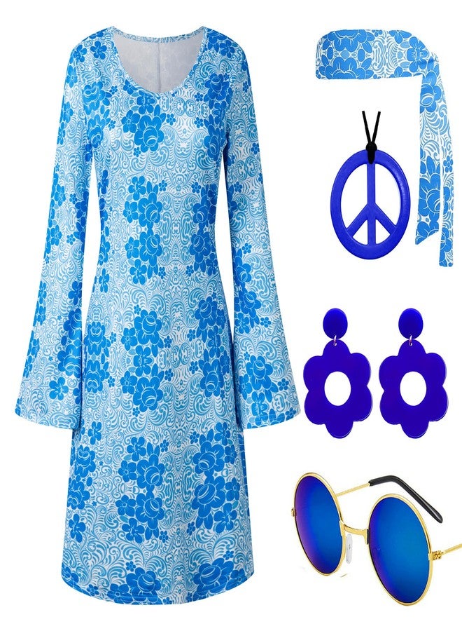 Deerjoke 60s 70s Disco Outfit Hippie Costume Women, 1970 Style Clothes Dress Peace Sign Accessories Jewelry Halloween (Blue, Large) - Image 1