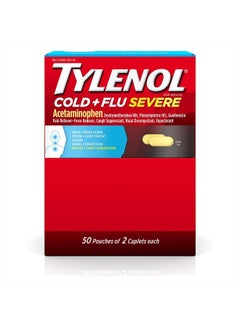 TYLENOL Cold + Flu Severe Medicine Caplets for Cold, Flu, Fever & Cough Relief, 50 Pouches of 2 ct.  - Image 1