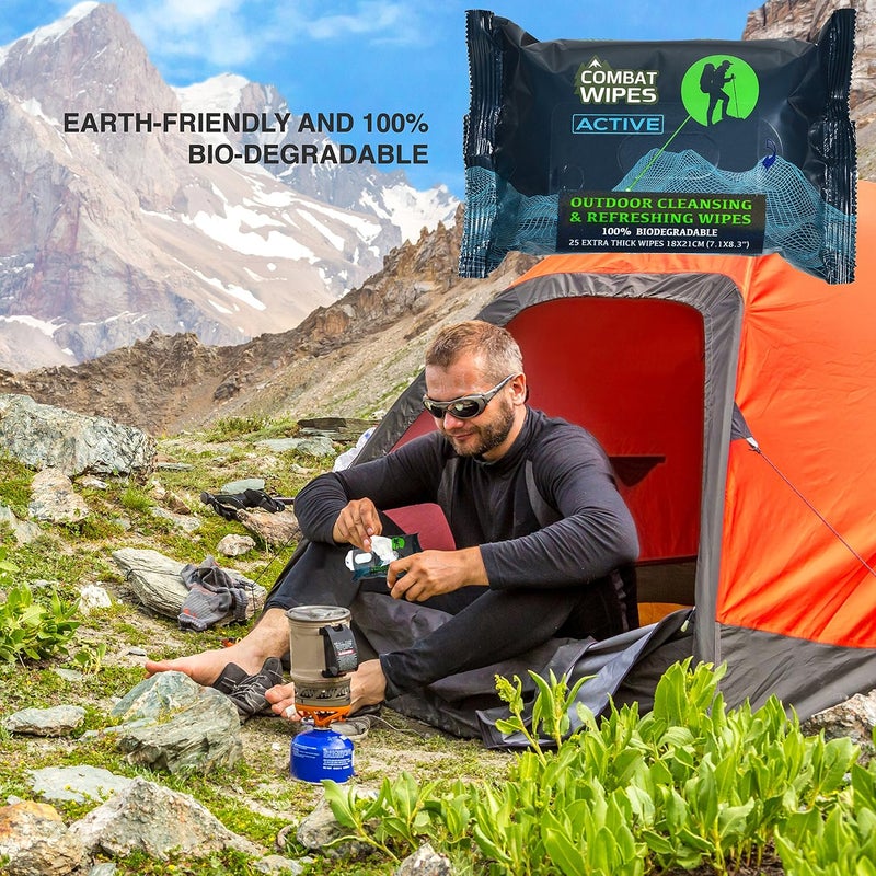 COMBAT WIPES ACTIVE Outdoor Wet Wipes - Extra Thick Camping Gear, Biodegradable, Body & Hand Cleansing/Refreshing Cloths for Backpacking & Gym w/Natural Aloe & Vitamin E(2 pack, 25 wipes each) - Image 5