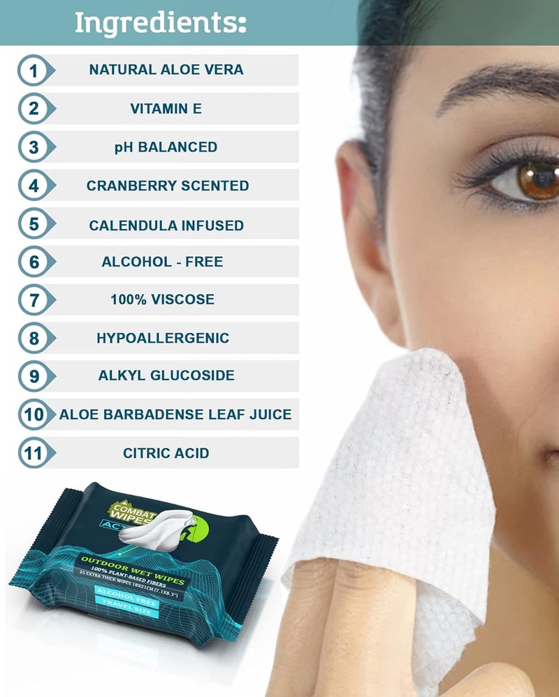 COMBAT WIPES ACTIVE Outdoor Wet Wipes - Extra Thick Camping Gear, Biodegradable, Body & Hand Cleansing/Refreshing Cloths for Backpacking & Gym w/Natural Aloe & Vitamin E(2 pack, 25 wipes each) - Image 2