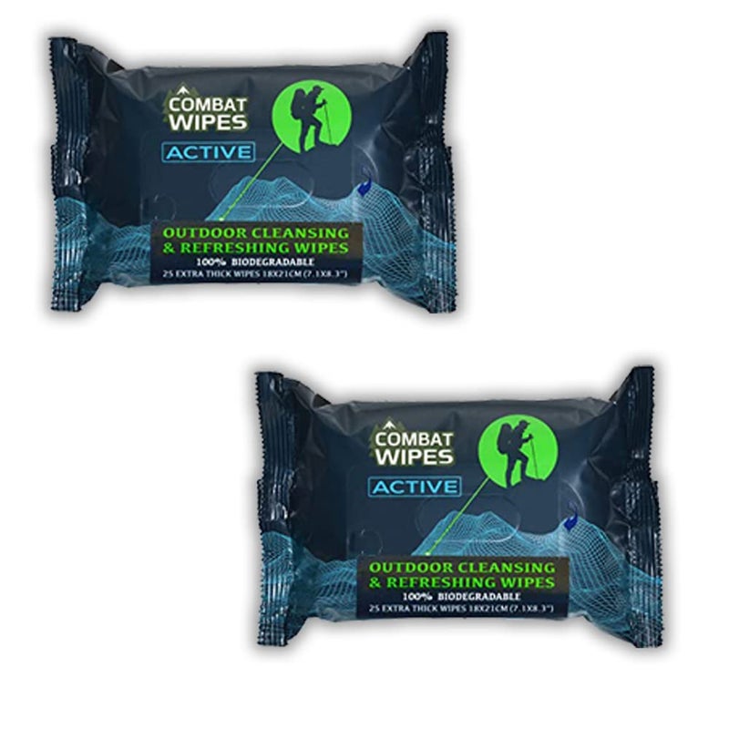 COMBAT WIPES ACTIVE Outdoor Wet Wipes - Extra Thick Camping Gear, Biodegradable, Body & Hand Cleansing/Refreshing Cloths for Backpacking & Gym w/Natural Aloe & Vitamin E(2 pack, 25 wipes each) - Image 1