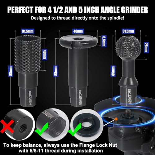 Pomsare 3 PCS Upgraded Wood Grinder Ball Gouge with 5/8-11 Thread for 4 1/2 and 5 Inch Angle Grinder Attachments, Power Carving Tools with Sphere Rotary Burr Carbide Steel Electric for Wood Hollowing Slotting - Image 4