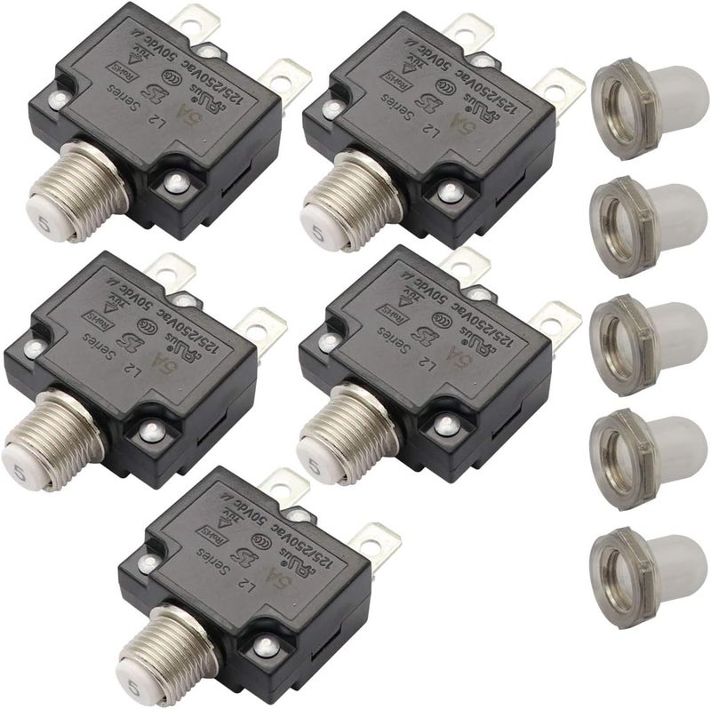 T Tocas 5pcs Push Button Reset 5A Circuit Breakers with Quick Connect Terminals and Waterproof Button Cap - Image 1