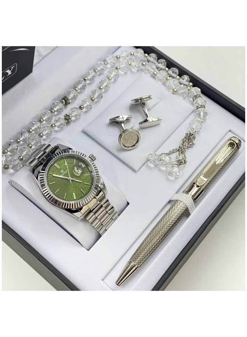 ريفا طقم رجالي من الستانلس ستيل يتكون من ساعة وسبحة وقلم وازرار اكمام