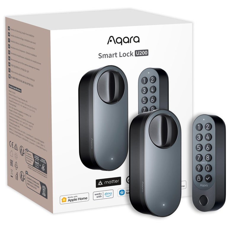 Aqara Aqara Smart Lock U200 (with Fingerprint), Matte Over Thread, Smart Door Lock with Apple Home Key and Rechargeable Battery, Supports Apple Home, Google Home, Alexa and SmartThings, Black  - Image 1