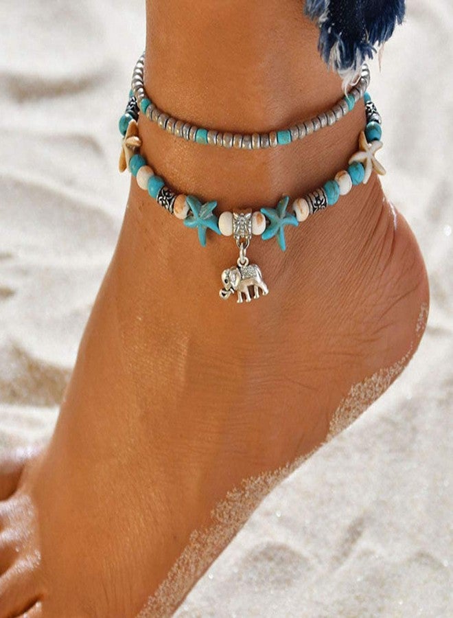 Uloveido 3 pcs Set Turtle-Elephant-Anchor Multilayer Beads Starfish Anklet Handmade Beach Anklets Boho Foot Jewelry for Women Y811-1 - Image 2
