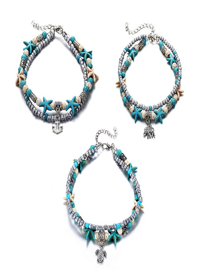 Uloveido 3 pcs Set Turtle-Elephant-Anchor Multilayer Beads Starfish Anklet Handmade Beach Anklets Boho Foot Jewelry for Women Y811-1 - Image 1