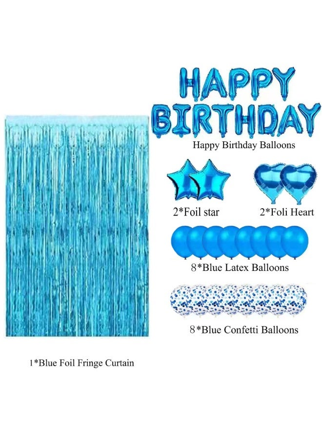 Happy Birthday Banner with Heart & Star Foil Balloons, Latex Balloons, and Foil Fringe Curtain – Blue Birthday Party Decoration Set - Image 2
