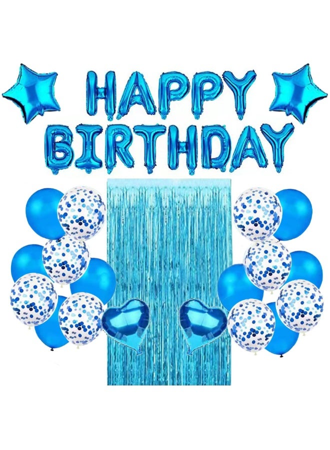 Happy Birthday Banner with Heart & Star Foil Balloons, Latex Balloons, and Foil Fringe Curtain – Blue Birthday Party Decoration Set - Image 1