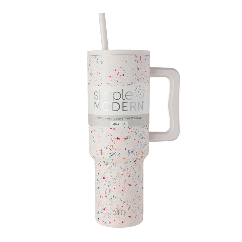 Simple Modern 40 oz Trek Tumbler with Handle and Straw Lid | Cup Holder Friendly Insulated Stainless Steel Travel Mug | Cream Terrazzo - Image 1