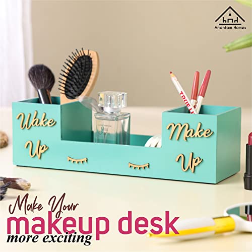 anantam homes 3 Compartment Wakeup Makeup Design Desk Organizer Decorative Caddy Box For Makeup Cosmetics Office Desk Multipurpose Table Storage Stand Accessories With 3 Slots, Wooden (Aqua) - Image 4