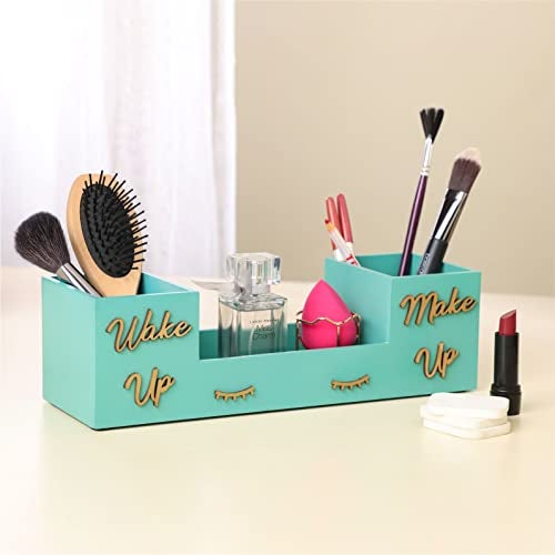 anantam homes 3 Compartment Wakeup Makeup Design Desk Organizer Decorative Caddy Box For Makeup Cosmetics Office Desk Multipurpose Table Storage Stand Accessories With 3 Slots, Wooden (Aqua) - Image 1