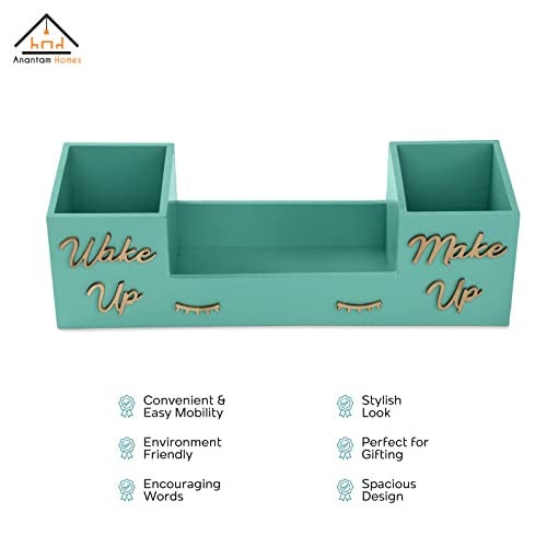 anantam homes 3 Compartment Wakeup Makeup Design Desk Organizer Decorative Caddy Box For Makeup Cosmetics Office Desk Multipurpose Table Storage Stand Accessories With 3 Slots, Wooden (Aqua) - Image 3